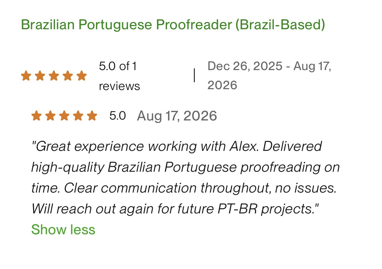 Original five-star Upwork review praising on-time Brazilian Portuguese proofreading and clear communication.